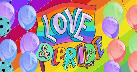 Colorful Pride Celebration with Rainbow Background and Balloons
