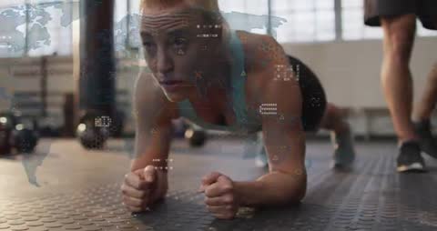 Athlete Executing Plank with Global Digital Data Interface