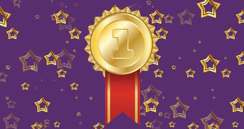 Golden Medal on Purple Background with Floating Stars