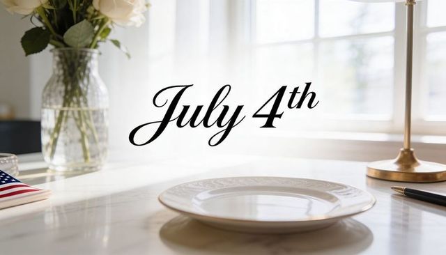 Sunlit july 4th tabletop celebrating patriotic brunch with empty plate, roses, flag