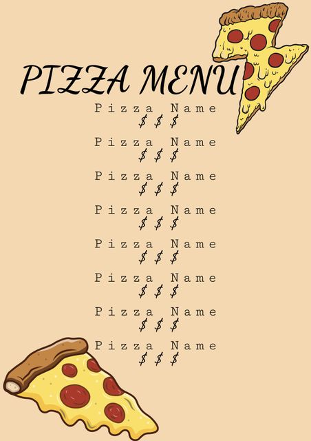 Ideal for pizzerias and food blogs, this playful pizza menu template features whimsical cheese slice graphics, bringing a fun and lively vibe to any dining establishment or online foodie space. Suitable for customizing with different pizza types and prices, this menu makes dining more interactive and enjoyable.