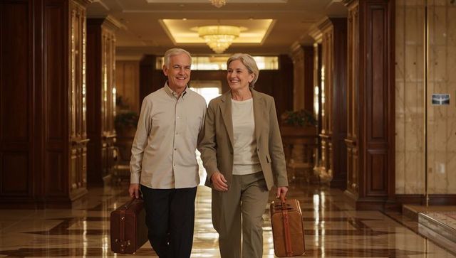 Senior couple smiling walking elegant hotel lobby carrying leather suitcases under chandelier glow