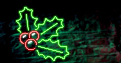 Neon christmas holly on brick wall background