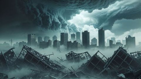 Dystopian Cityscape with Stormy Skies and Collapsed Buildings