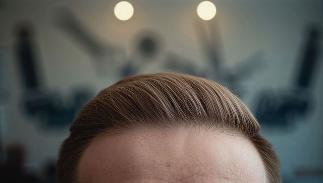 Slicked-back men's haircut showing hair sheen and groomed hairline in barbershop