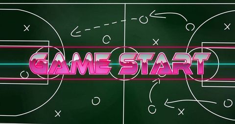 Neon 'Game Start' Text over Chalkboard Strategy Diagram