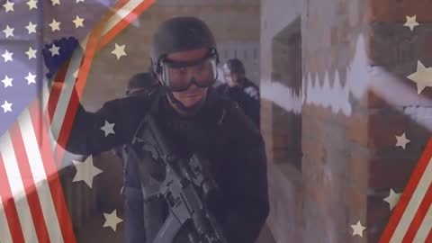 Tactical Security Team Under American Flag Overlay in Corridor