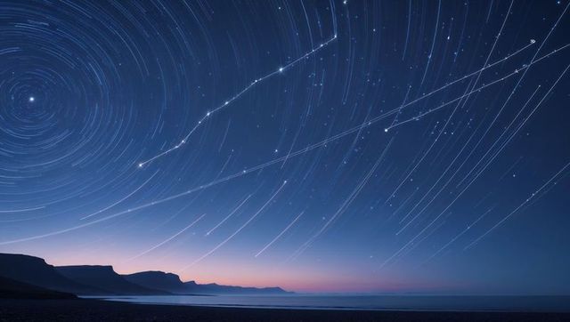 Celestial Star Trails Over Ocean at Twilight
