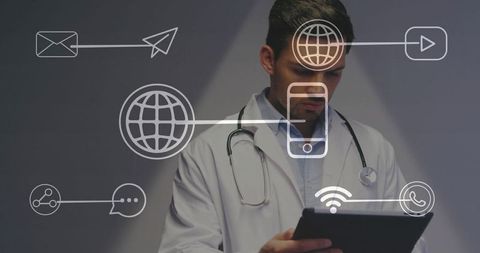 Medical Professional Using Tablet with Digital Communication Icons