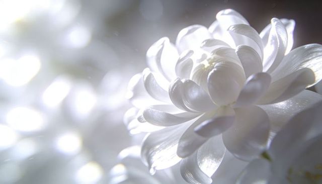 Luminous white chrysanthemum macro with silky petals and dreamy bokeh highlights