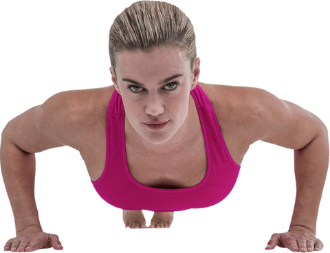 Athletic woman in transparent background doing push-ups