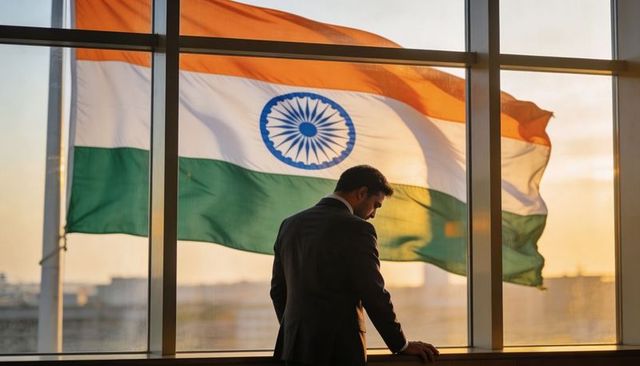 Executive contemplating indian flag at sunset overlooking cityscape for strategic planning