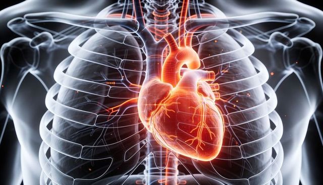Glowing human heart within translucent thorax showing coronary vessels and aorta