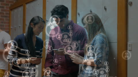 Diverse Students Engaging with Digital Network Overlay in School Hallway