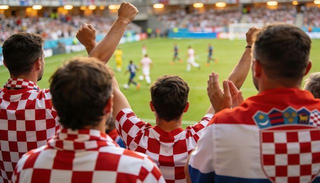 Croatian fans cheering and raising arms in stadium wearing checkerboard jerseys