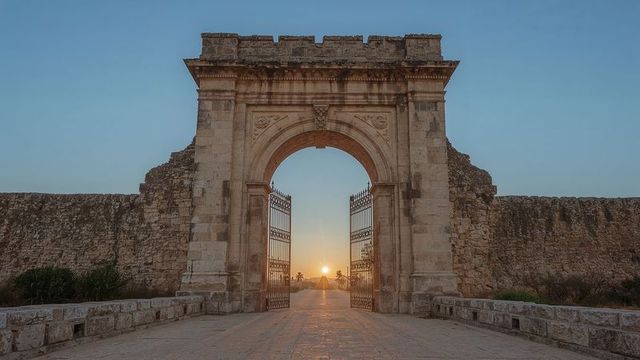 Historic Stone Archway at Fortress Entrance with Sunrise