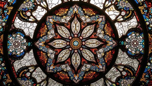 Intricate stained glass rose window in historic cathedral