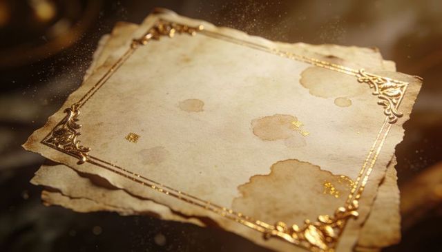 Aged parchment with ornate gold foil border, water stains and embossed vellum corners