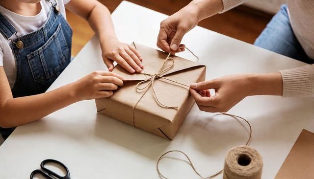 Parent and child wrapping kraft gift tying twine bow for handmade eco-friendly present