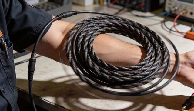 Audio technician coiling braided cable on workbench with connectors and test equipment