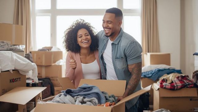 Happy Couple Unpacking Boxes in New Home Living Room