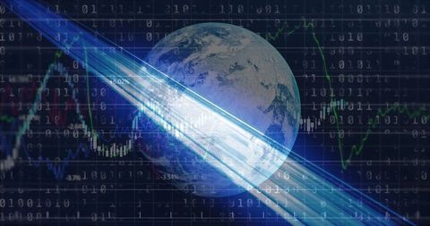Digital Planet with Binary Code and Data Charts