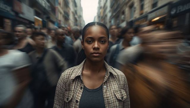 Centered young woman standing calmly amid fast-moving urban crowd with blurred motion