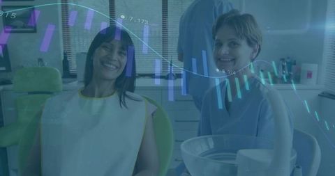 Happy Patient and Dentist with Financial Analysis Overlay in Clinic