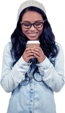 Transparent Asian Woman Smiling with Coffee Against Wooden Wall