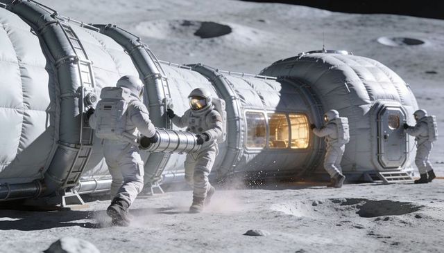 Astronauts installing tubular lunar habitat module during moon surface mission