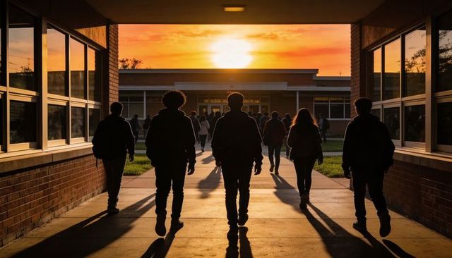 Students walking through backlit campus walkway at sunset casting long silhouettes