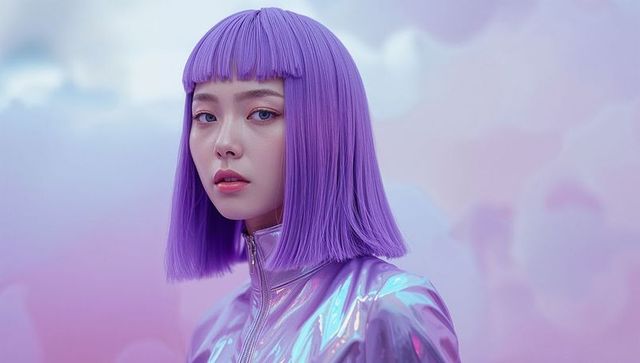 Futuristic Fashion Model in Metallic Lavender Jacket with Pastel Backdrop