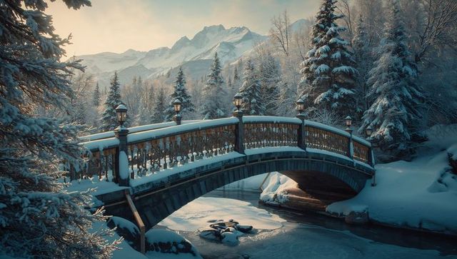 Snow-covered bridge over frozen creek at sunrise