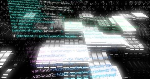 Streaming layered JavaScript code over glowing holographic tile grid in cyber data matrix