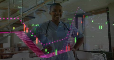 Smiling Doctor Surrounded by Digital Data and Analytics Interface