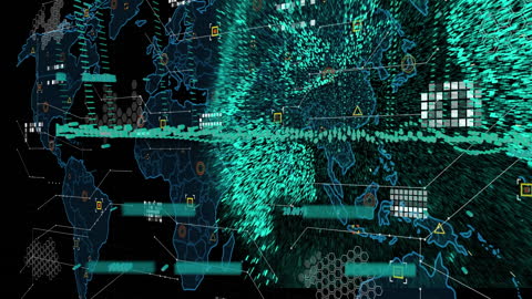 Dynamic Digital Data Streams Animating Over World Map