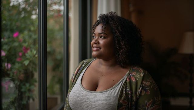 Serene woman gazing through multi-pane window wearing floral cardigan and grey tank top