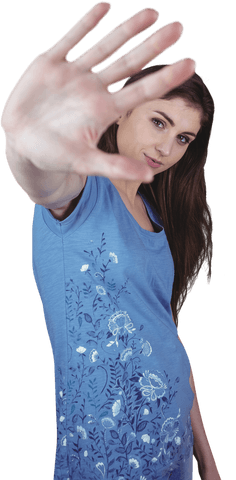 Transparent Woman Raising Hand Standing Confidently in Blue Dress