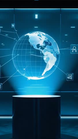 Vertical Holographic Globe Rotating Over Podium With Pulsing Network Icons | Futuristic Tech Video