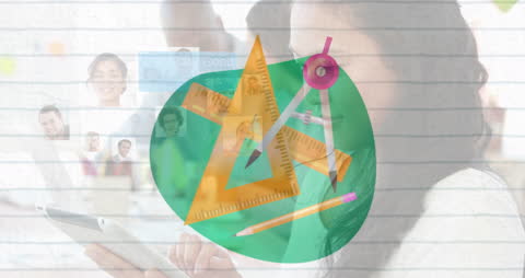 Animation of Educational Icons Over International Business Team