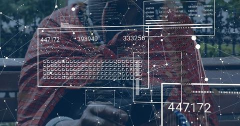 Man in Plaid Shirt with Smartphone and Digital Tech Overlay