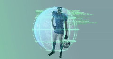 Futuristic Football Athlete in Digital Arena with Holographic Globe