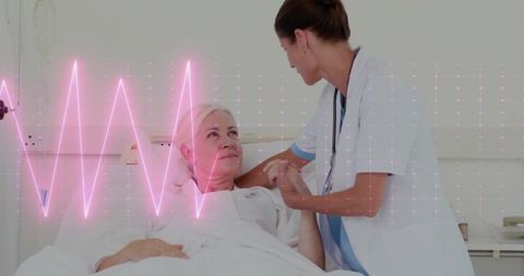 Nurse holding patient hand with heartbeat overlay conveying compassionate care in hospital
