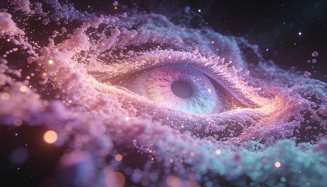 Glowing cosmic eye hovering in swirling nebula of sparkling particles, surreal iris vision