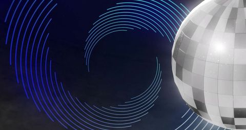 Mirrored disco ball reflecting neon concentric rings and casting blue gradient glow