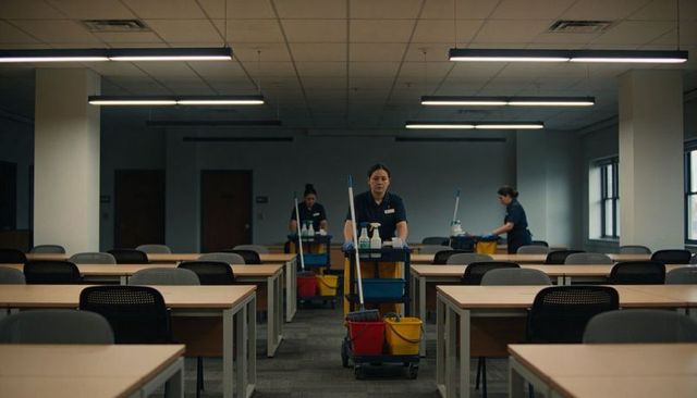 Uniformed custodian pushing wheeled cleaning cart down classroom aisle with red and yellow buckets
