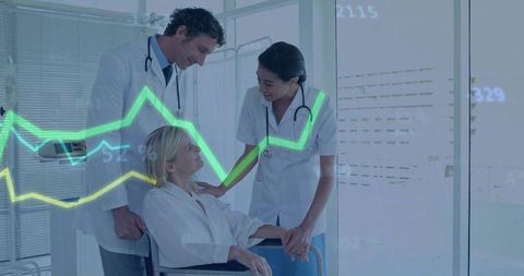 Doctor and nurse comforting patient in wheelchair with ecg overlay and teamwork focus