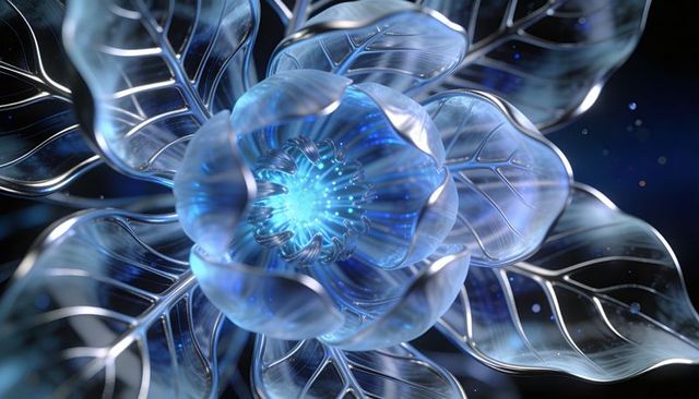 Glowing glass flower with blue core and metallic veins, futuristic abstract sculpture