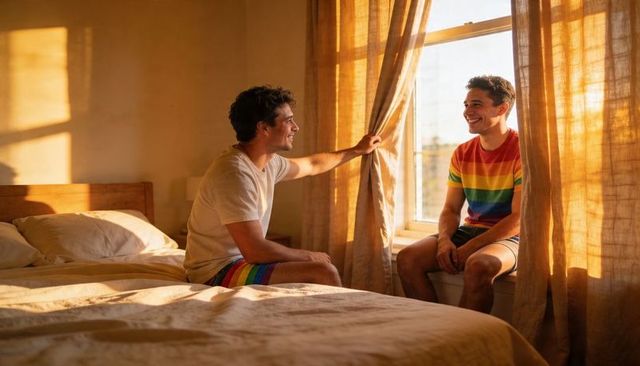 Sunlit Morning Conversation Between Partners Wearing Rainbow Clothing in Cozy Bedroom
