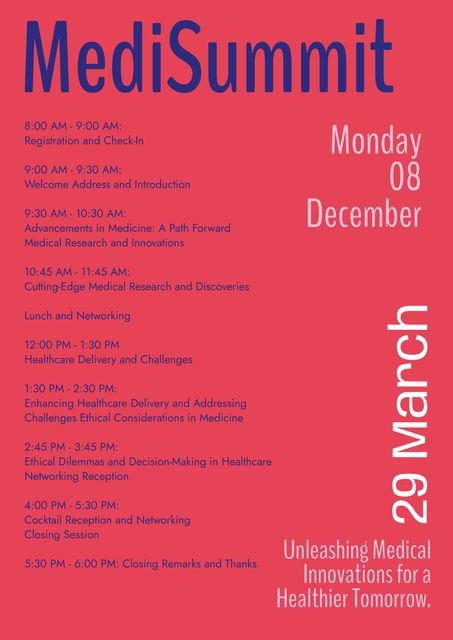 Professional medical conference flyer features detailed schedule with red accents creating a vibrant and formal look. Perfect for promoting healthcare events, seminars, symposia, congresses, medical conferences, and professional networking occasions. Useful for organizers to communicate session times, enable participants to plan their attendance, and highlight key activities and speeches focused on advancements in medicine, healthcare delivery, and clinical decision-making.